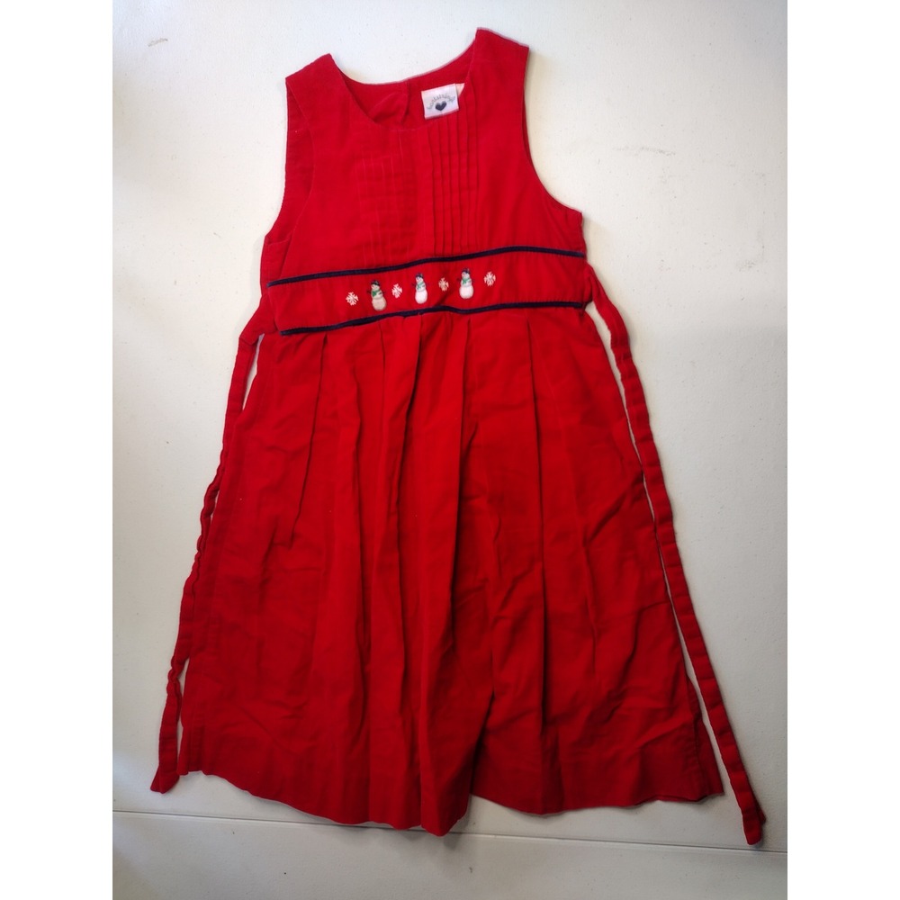Hartstrings Red Corduroy Dress Snowman Holiday Party Girl‎ Size 5